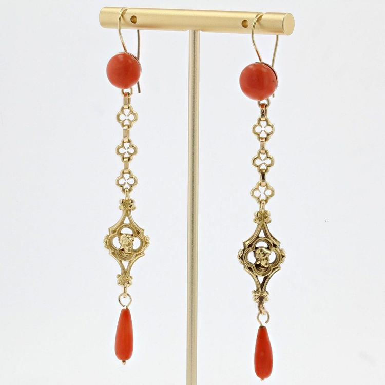 Pendants d'Oreilles Anciens Corail Et Or