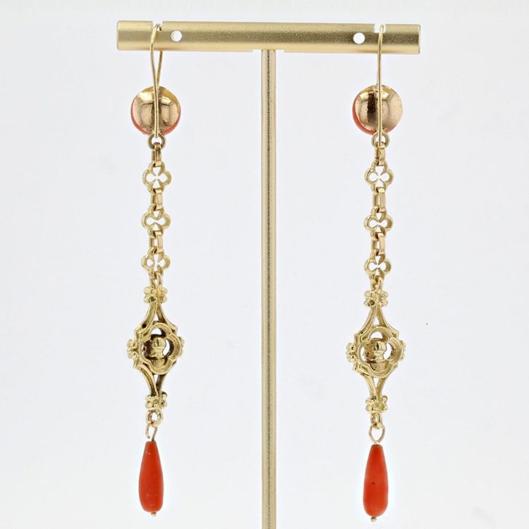 Pendants d'Oreilles Anciens Corail Et Or