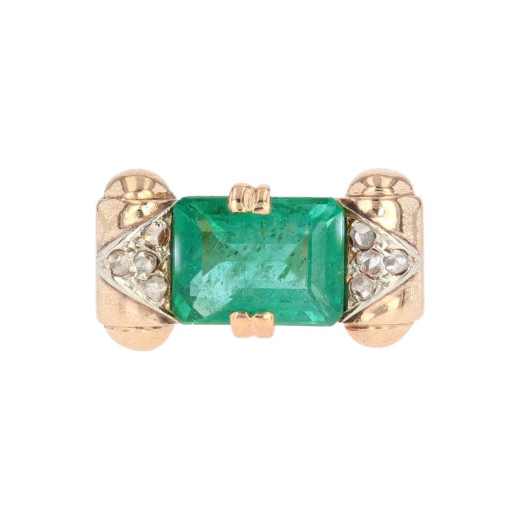 Bague Art Déco En Or Blanc 14K - Émeraude Et Diamants - Taille 56 - Occasion