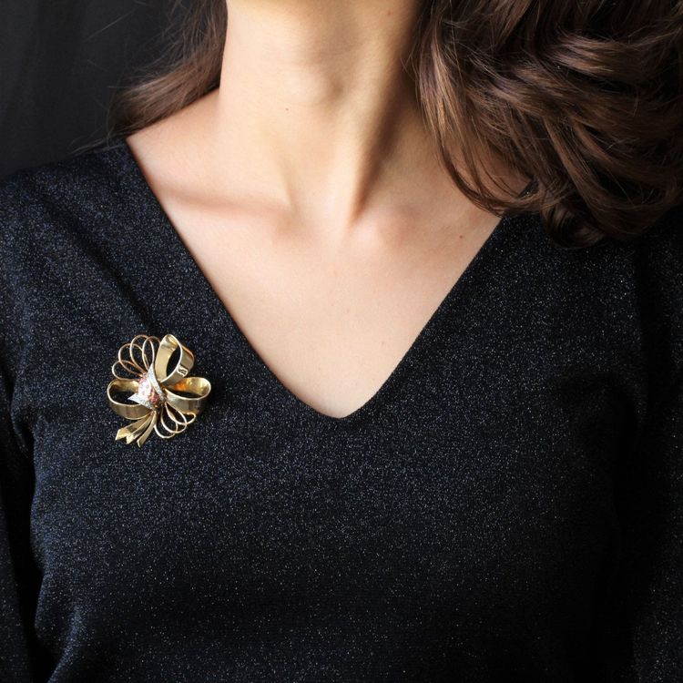 Broche Ancienne Nœud Vintage Diamants Rubis