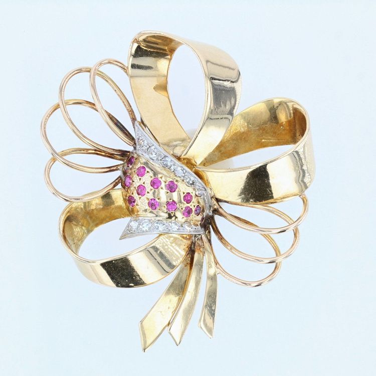 Broche Ancienne Nœud Vintage Diamants Rubis