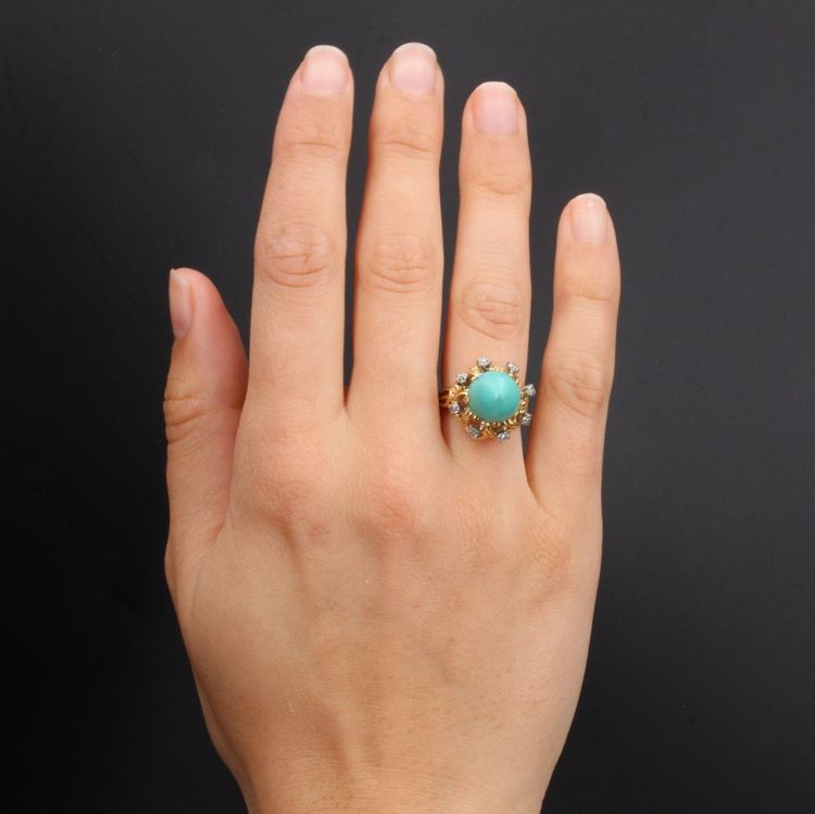 Bague Vintage Turquoise Pain De Sucre Et Diamants