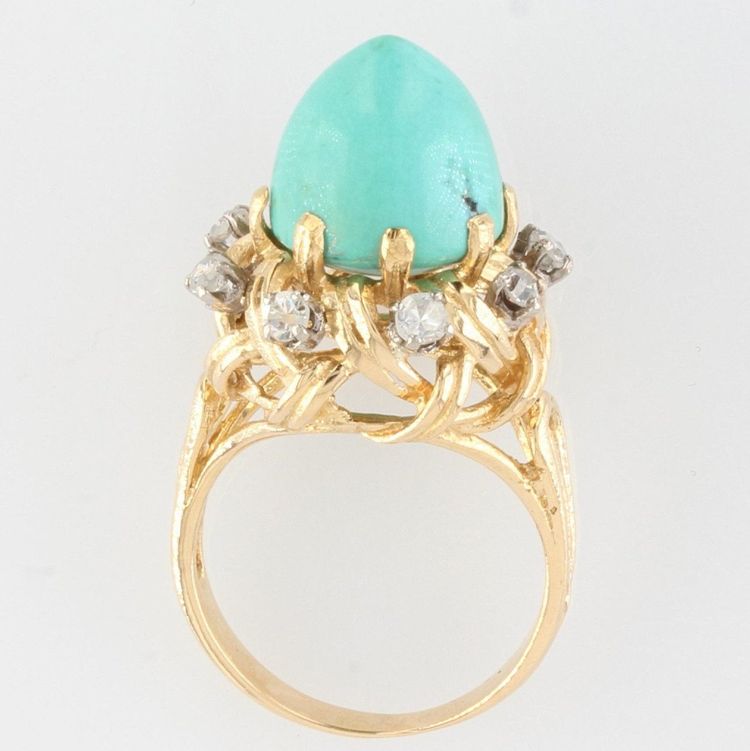 Bague Vintage Turquoise Pain De Sucre Et Diamants
