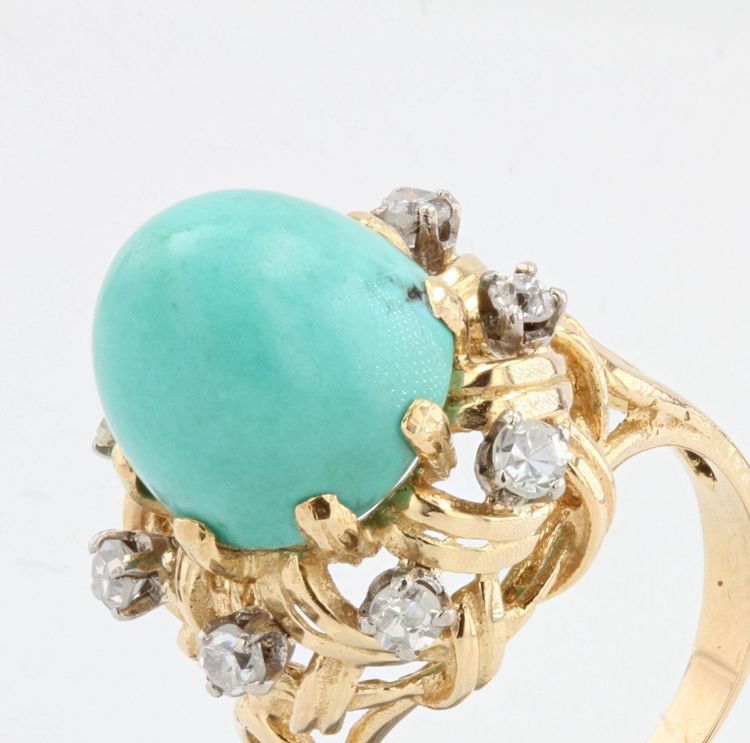 Bague Vintage Turquoise Pain De Sucre Et Diamants