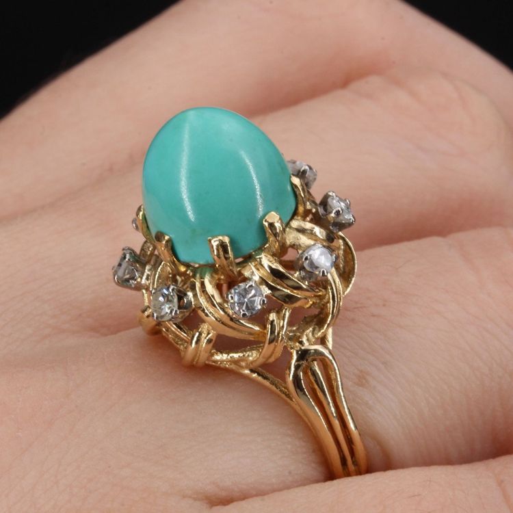 Bague Vintage Turquoise Pain De Sucre Et Diamants
