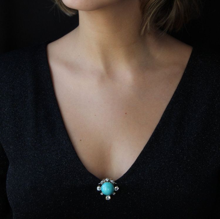 Broche Ancienne Clip Turquoise Et Diamants
