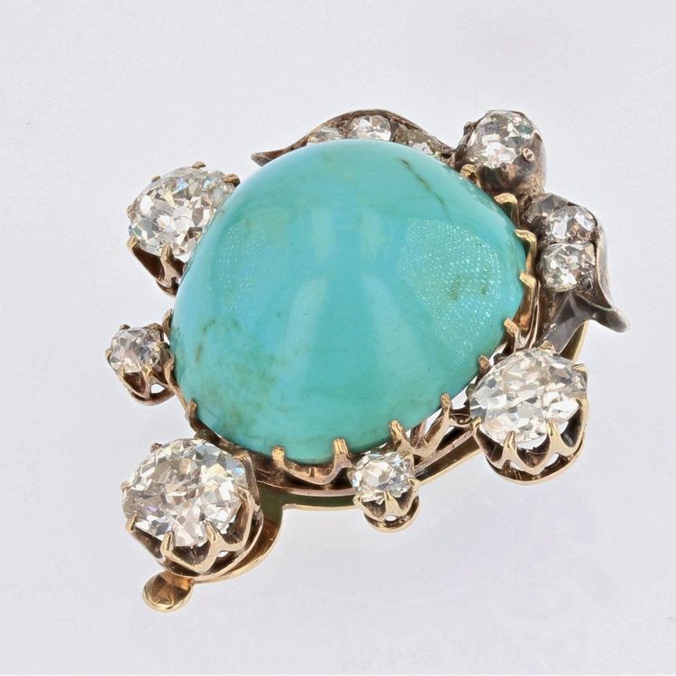 Broche Ancienne Clip Turquoise Et Diamants