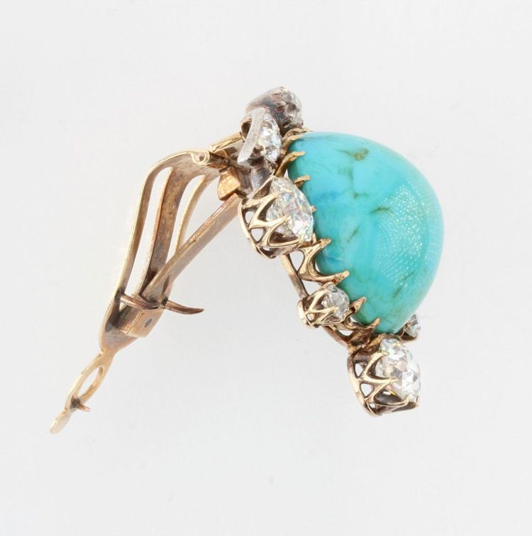 Broche Ancienne Clip Turquoise Et Diamants