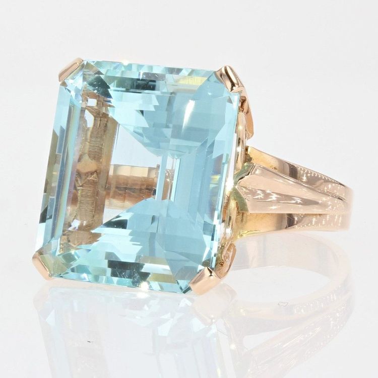 Bague Ancienne Aigue-marine Montée Sur Or Rose