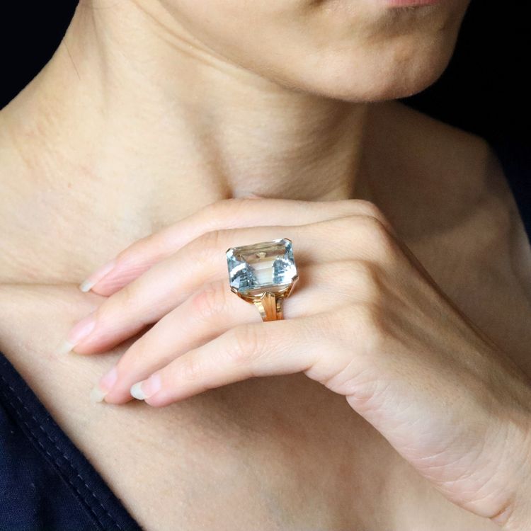 Bague Ancienne Aigue-marine Montée Sur Or Rose