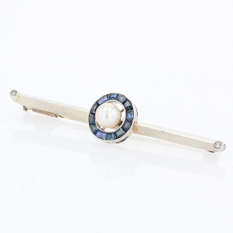 Perlen- und kalibrierte Saphir-Barrette-Brosche