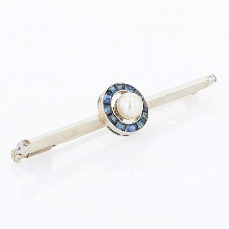 Perlen- und kalibrierte Saphir-Barrette-Brosche