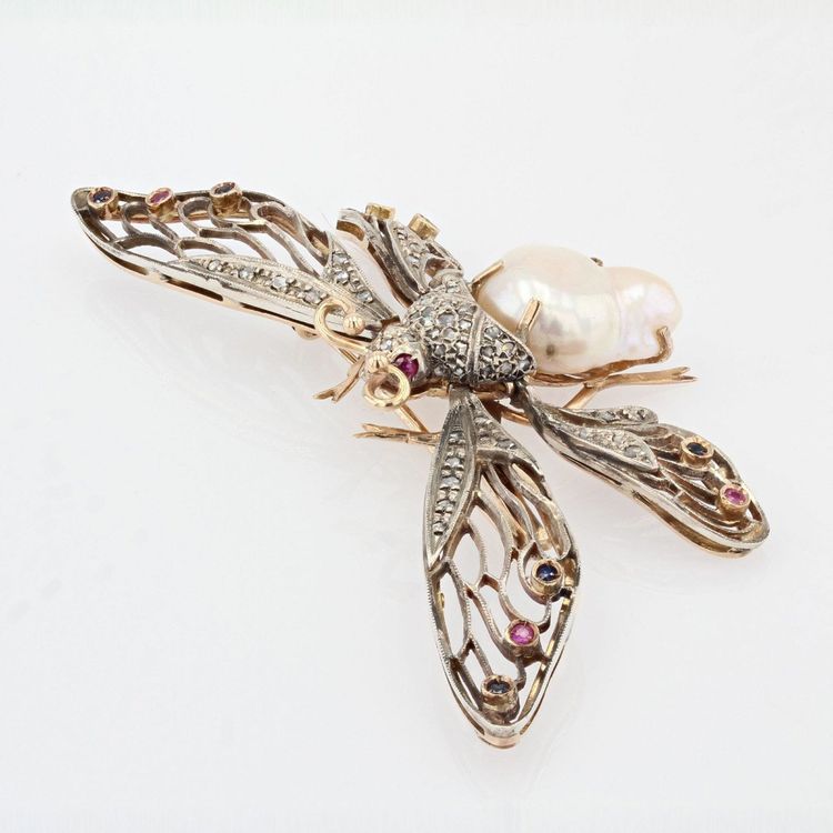 Broche Papillon Articulé Perle Baroque Diamants Saphirs Rubis
