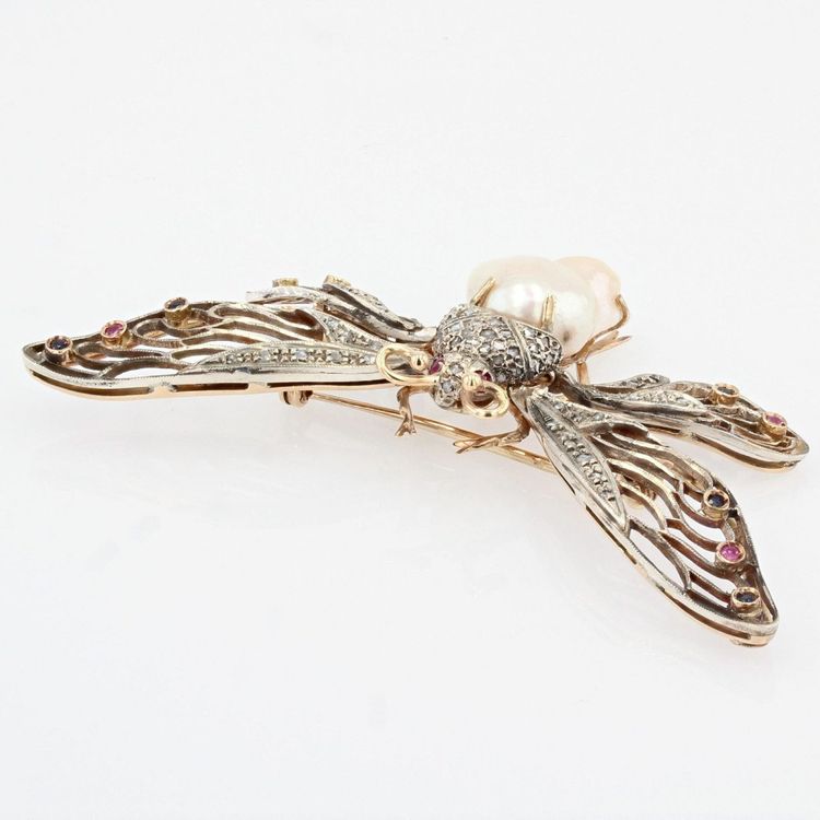 Broche Papillon Articulé Perle Baroque Diamants Saphirs Rubis