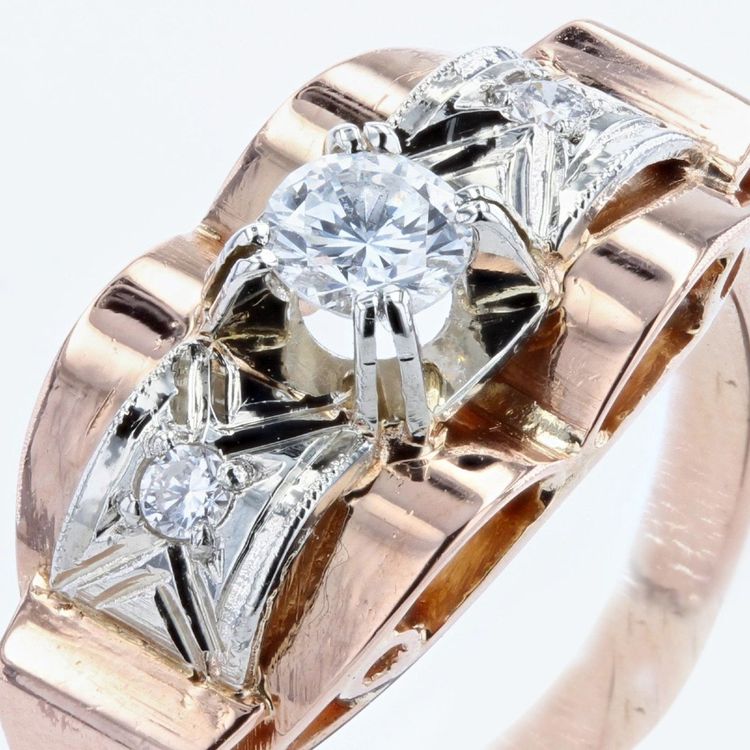 Bague Ancienne Rétro Or Rose Diamants