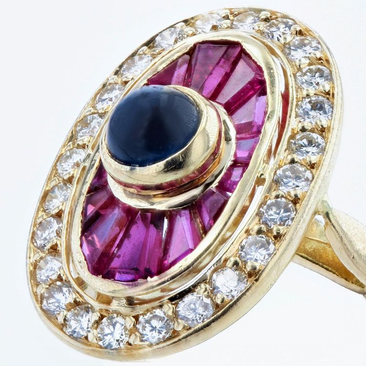 Bague Rubis Saphirs Diamants Style Art Déco