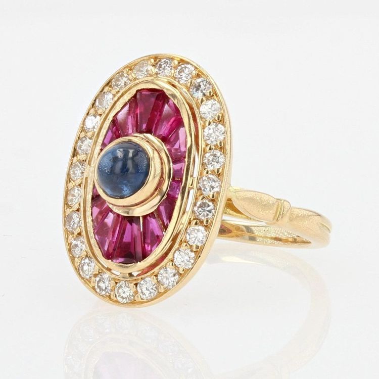 Bague Rubis Saphirs Diamants Style Art Déco