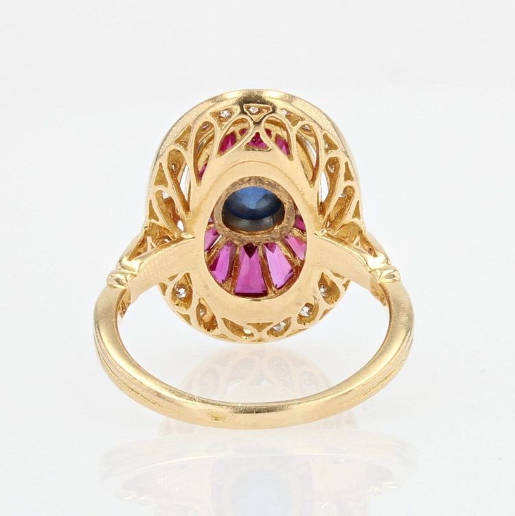 Bague Rubis Saphirs Diamants Style Art Déco