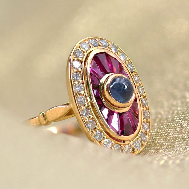 Bague Rubis Saphirs Diamants Style Art Déco