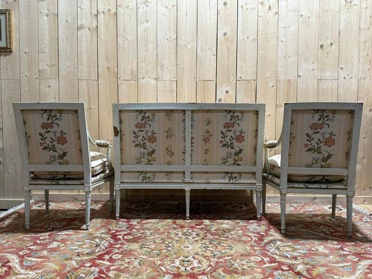 Louis XVI style lounge sofa and armchairs pair