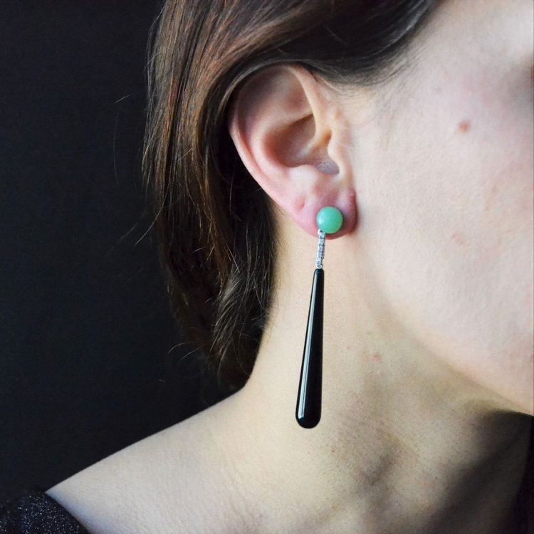 Boucles d'Oreilles Diamants Onyx Chrysoprases