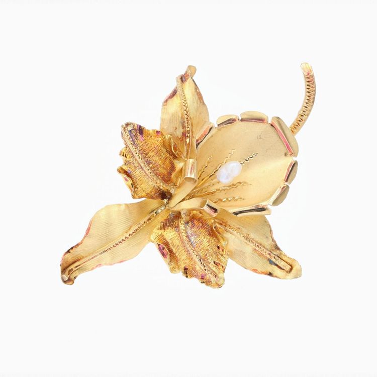 Broche Ancienne Lys En Or Mat Et Perle