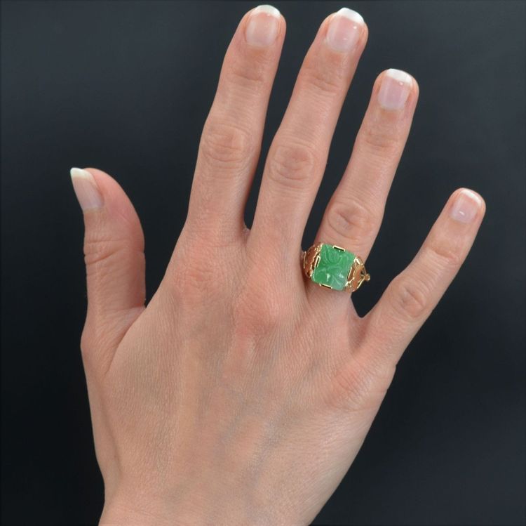 Engraved Jade Art Deco Ring