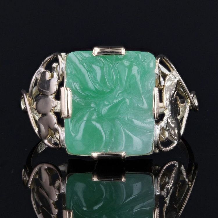 Engraved Jade Art Deco Ring
