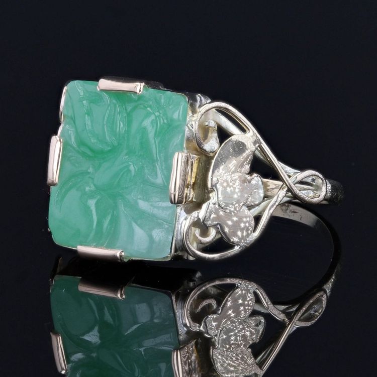 Engraved Jade Art Deco Ring