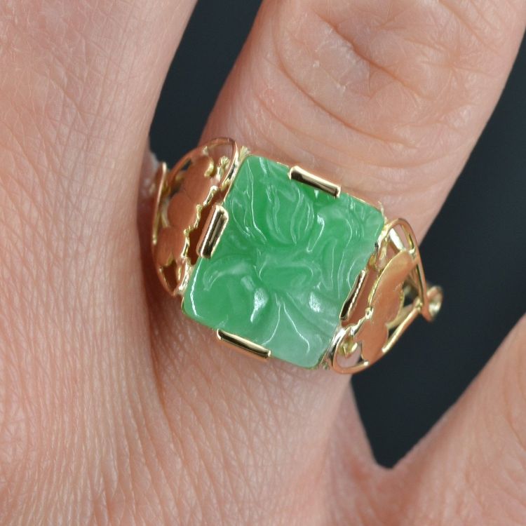 Engraved Jade Art Deco Ring