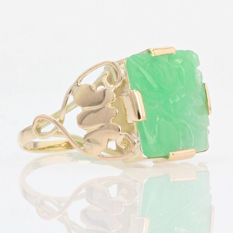 Engraved Jade Art Deco Ring