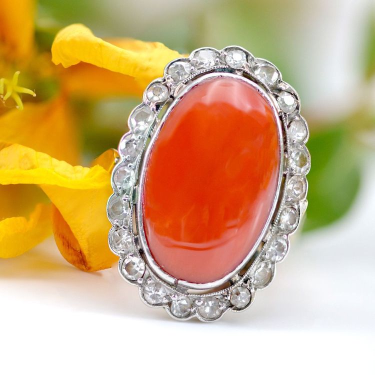 Bague Ancienne Corail Méditérranéen Et Diamants