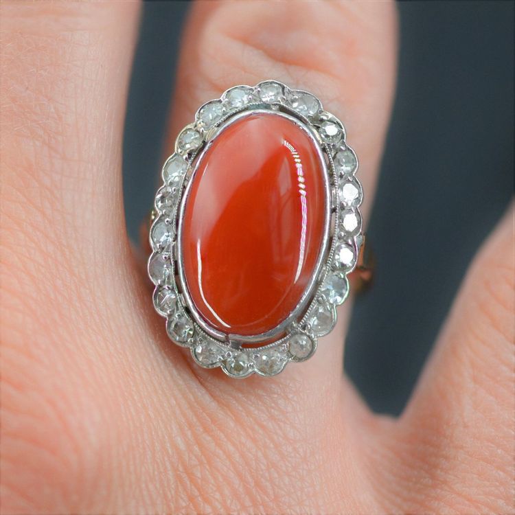 Bague Ancienne Corail Méditérranéen Et Diamants