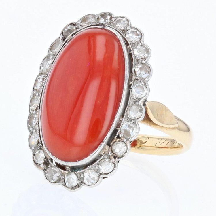 Bague Ancienne Corail Méditérranéen Et Diamants