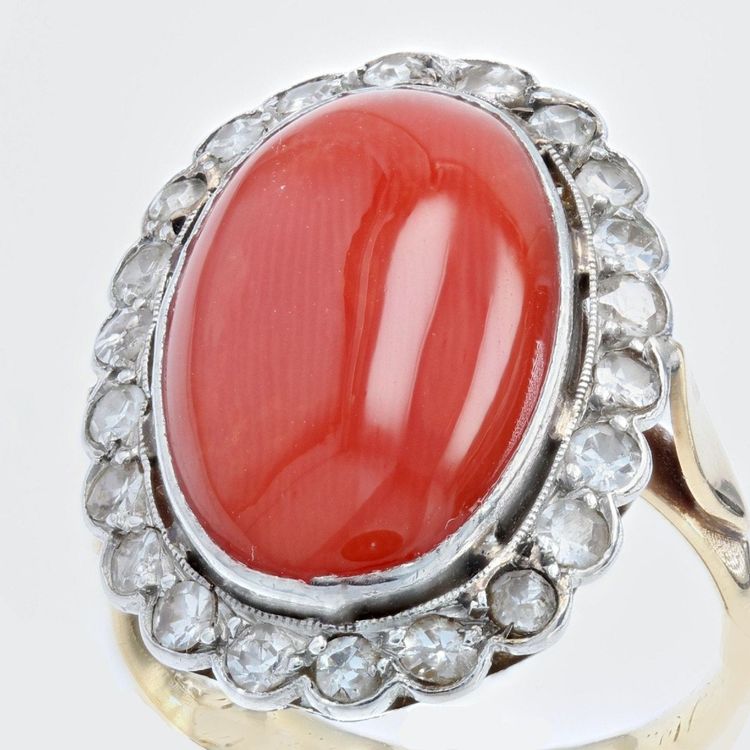 Bague Ancienne Corail Méditérranéen Et Diamants