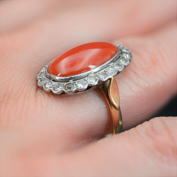Bague Ancienne Corail Méditérranéen Et Diamants