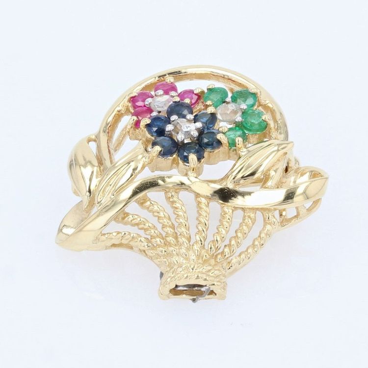 Broche Bouquet Or Jaune Saphirs Rubis émeraudes