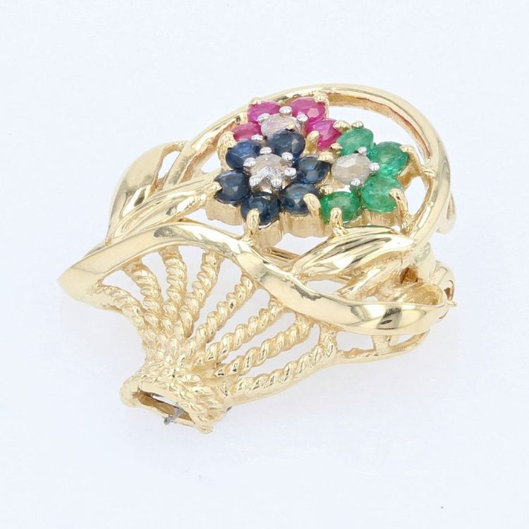 Broche Bouquet Or Jaune Saphirs Rubis émeraudes