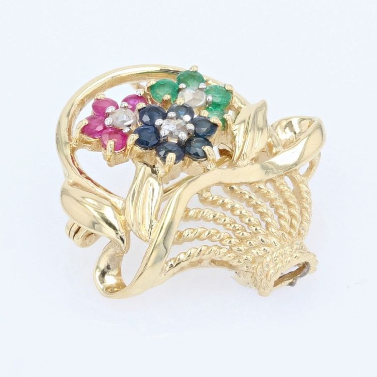 Broche Bouquet Or Jaune Saphirs Rubis émeraudes