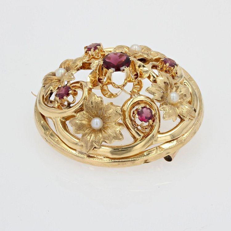 Antike Goldbrosche mit feinen Perlen und Granaten