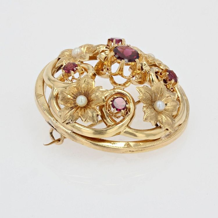Antike Goldbrosche mit feinen Perlen und Granaten