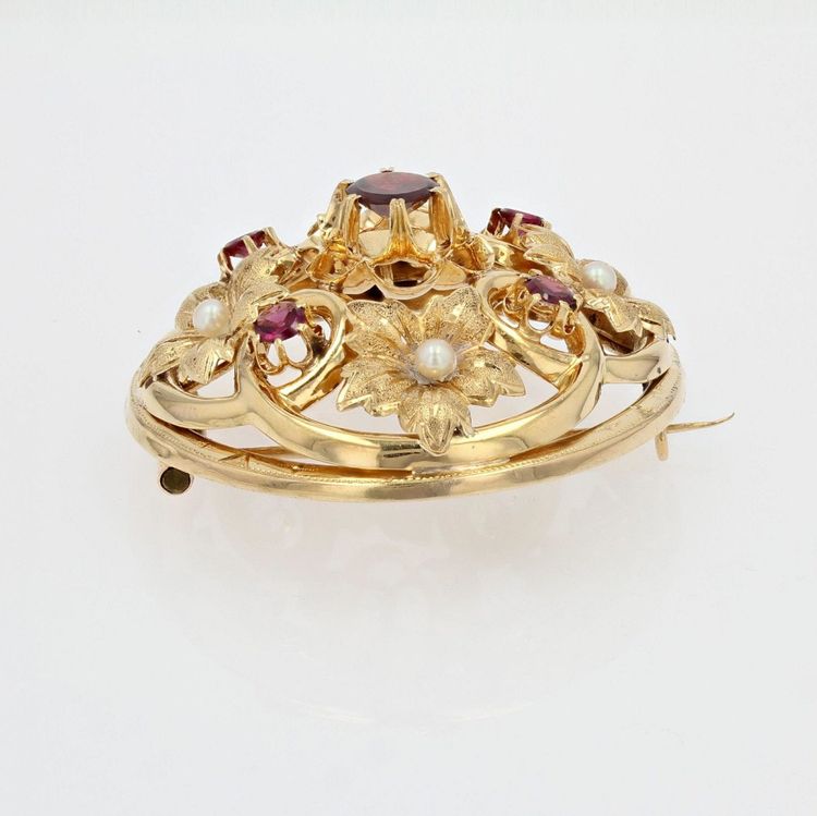 Antike Goldbrosche mit feinen Perlen und Granaten