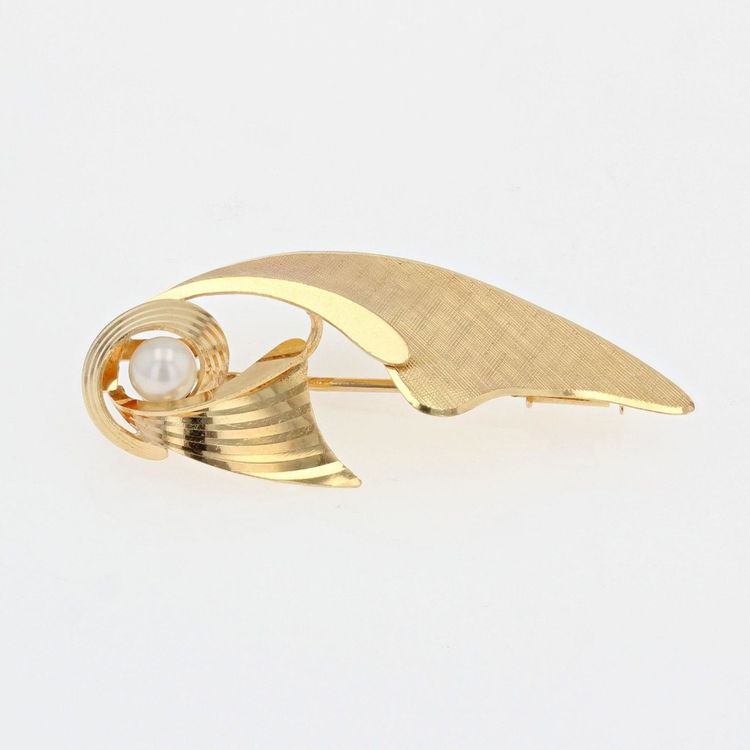 Spilla vintage a fiocco in oro spazzolato e perle
