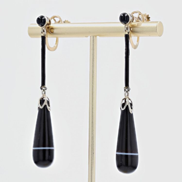 Pendants d'Oreilles Agates Rubannées Onyx émail Et Or