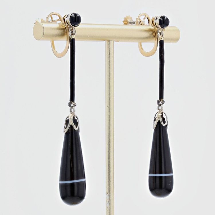 Pendants d'Oreilles Agates Rubannées Onyx émail Et Or