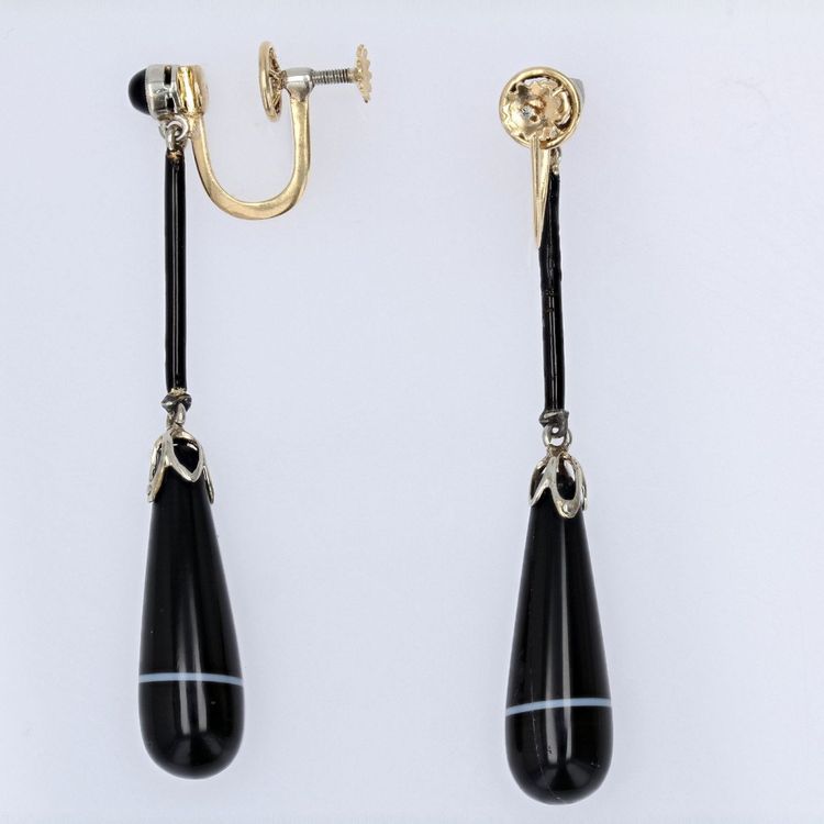 Pendants d'Oreilles Agates Rubannées Onyx émail Et Or