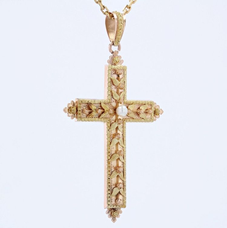 Croix Ancienne Perle Ors Vert Et Rose