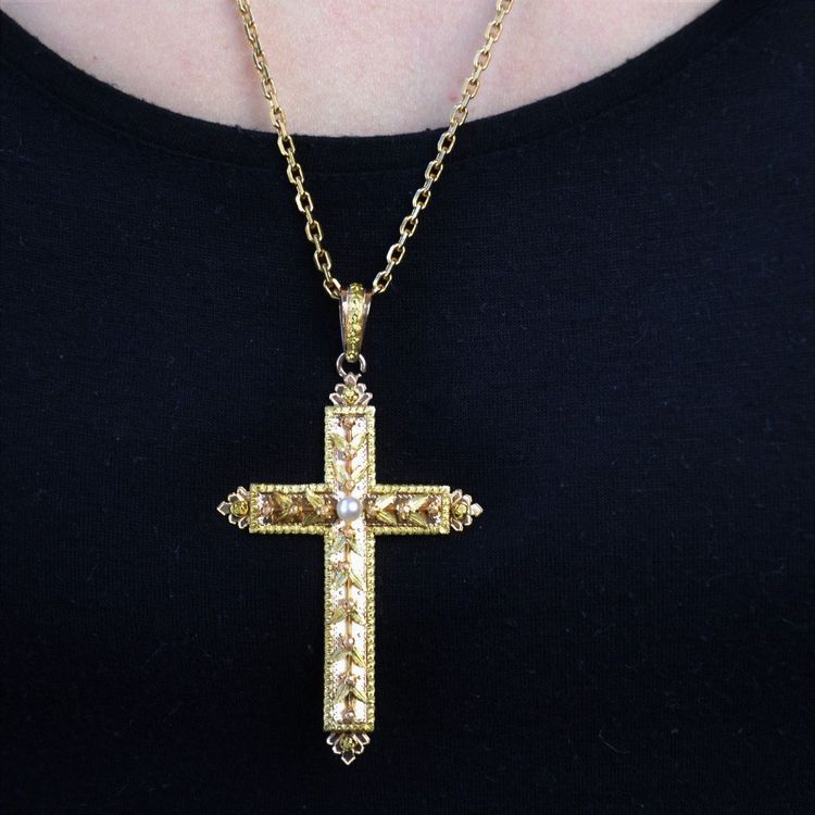 Croix Ancienne Perle Ors Vert Et Rose