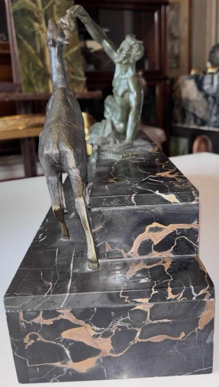 BOURAINE Marcel (1886-1948) "Il pomeriggio di un fauno" Bronzo Art Déco con satiro o pan, firmato