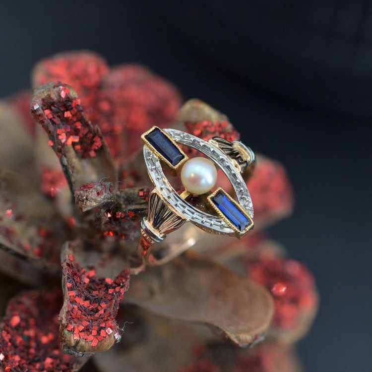 Art Deco Perlen-Saphir-Ring 2 Gold